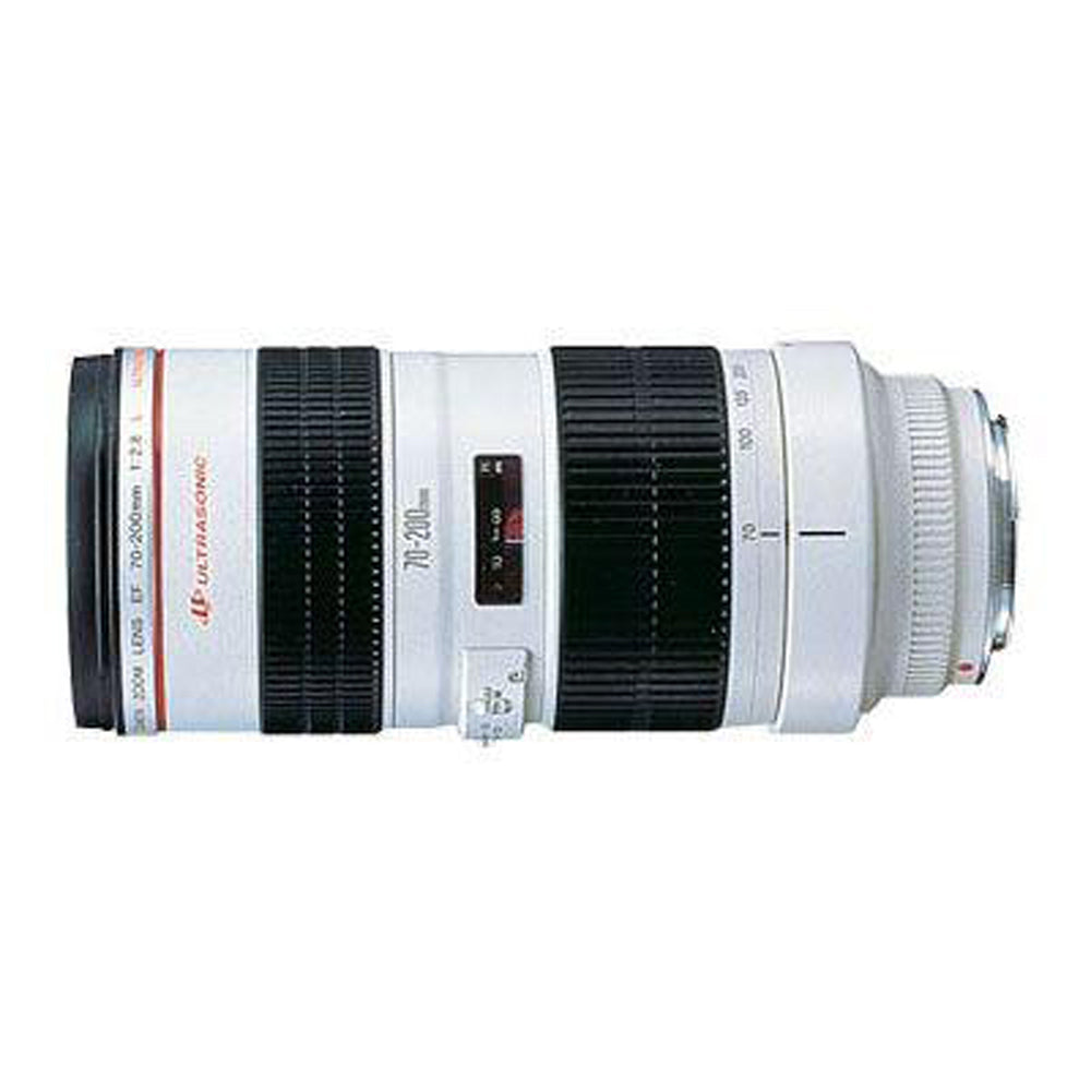 A Canon EF 70-200mm f2.8 L USM Lens with a black and white exterior and red detailing.