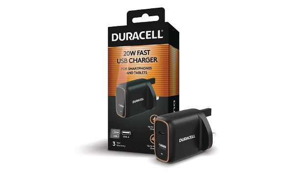 Duracell 20W 1C + 1A Fast USB Charger for Smartphones and Tablets