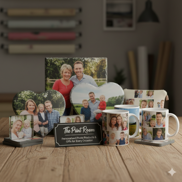 Collection of personalized photo products including mugs, coasters, and a heart-shaped plaque on a wooden surface.