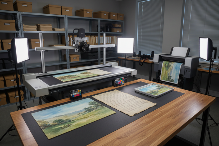 An organized, professional digital archiving and reproduction studio. In the center, a large-format overhead scanner or copy stand is equipped with a high-resolution camera mounted on a rail system, positioned over a landscape painting.

On a wooden foreground table, several items are laid out for processing:

A watercolor landscape painting of a rolling green countryside.

An aged, handwritten document with cursive script.

A smaller framed version of the artwork.

Two color calibration charts (color check