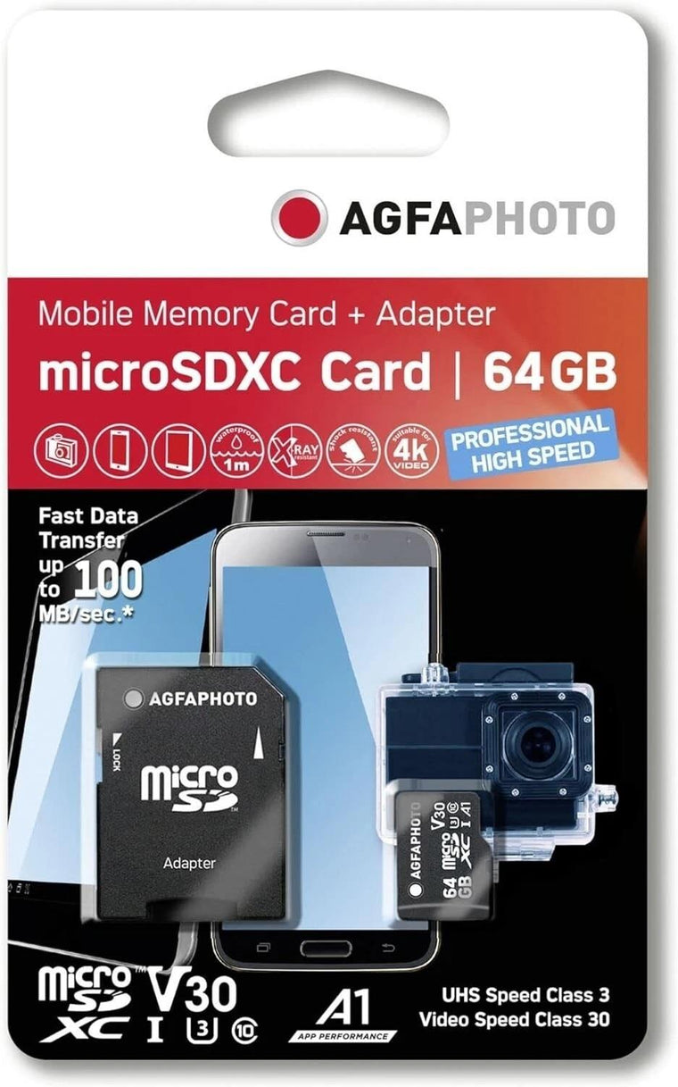 AgfaPhoto MicroSDXC UH-S V30 I Memory Card + Adapter - 64GB