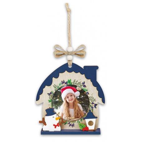 Christmas Wooden House Tree Ornament - Blue Snowman