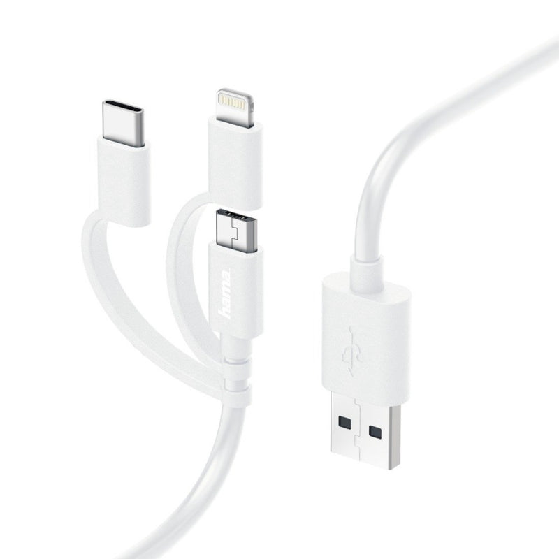 Hama 3-in-1 Micro-USB Cable with Adapter for USB-C and Lightning, 1.0 m, white