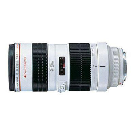 A Canon EF 70-200mm f2.8 L USM Lens with a black and white exterior and red detailing.