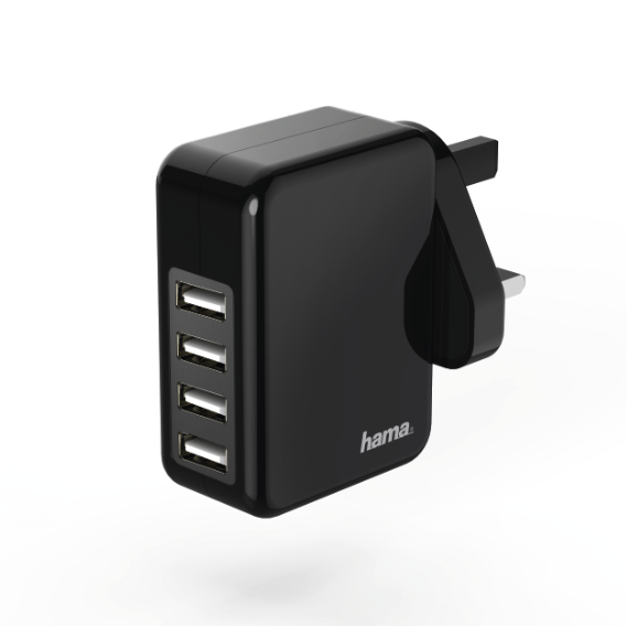 Hama Charger, 4 USB, 4.8 A, with UK plug, black